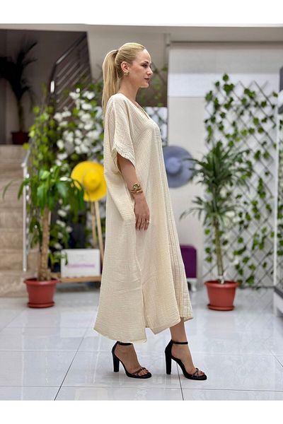 Punta Otantik Ay23823 Muslin Dress Beige Navy Blue Striped