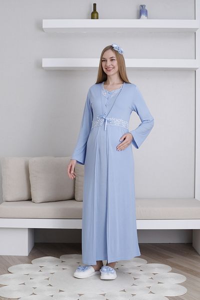 Lohussa Set de 2 cămăși de noapte pentru maternitate, 100% bumbac, cu design albastru, lungime întreagă
