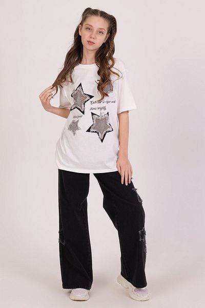 Dmb Tricou supradimensionat din bumbac cu mânecă scurtă cu imprimeu cu stele pentru fete