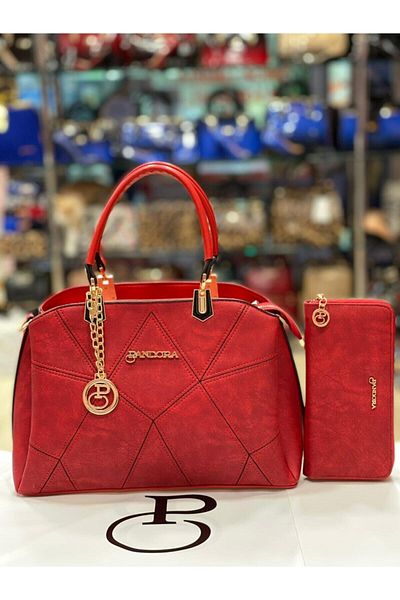 Pandora Bags Комплект чанта и портфейл от червена набукова кожа