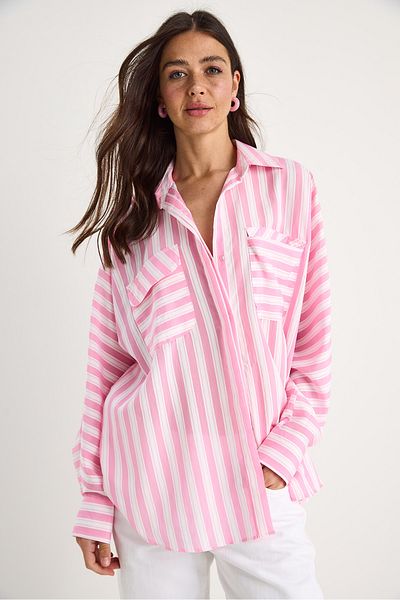 Bianco Lucci Women's Thick Striped Double Pocket Oversized Basic Summer Shirt 34399-1 60283249