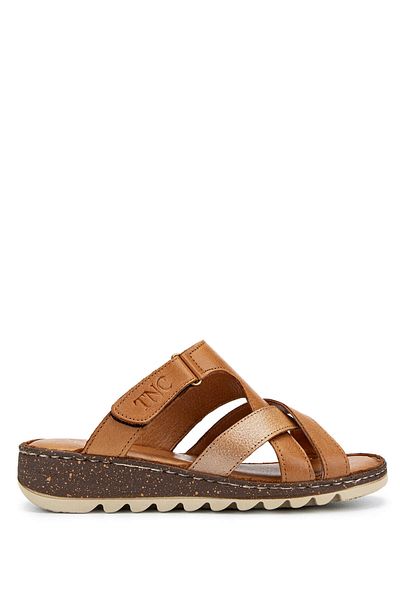 Tamer Tanca Women's Genuine Leather Tan Flat Slippers