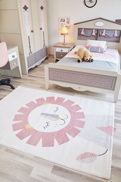 Viviana Home Kids Aslan Desenli Beyaz Koyu Pembe Çocuk Odası Halısı Antialerj...