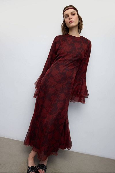 BE BLUE Red Floral Print Boho Chiffon Dress