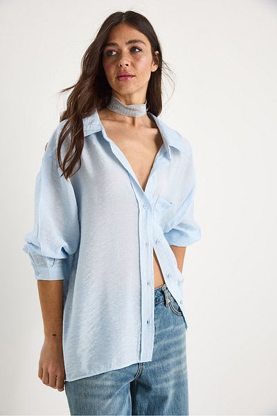 Bianco Lucci Cămașă supradimensionată din organza de bumbac, cu un singur buzunar, cu decolteu în V 34296-2 60283291