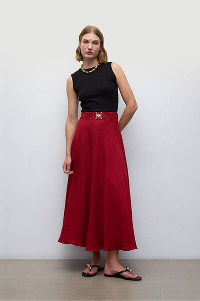 BE BLUE Linen SKirt - Red