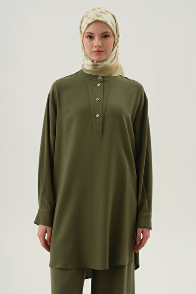 Tuğba Yarım Patlı Asimetrik Tunik - Haki