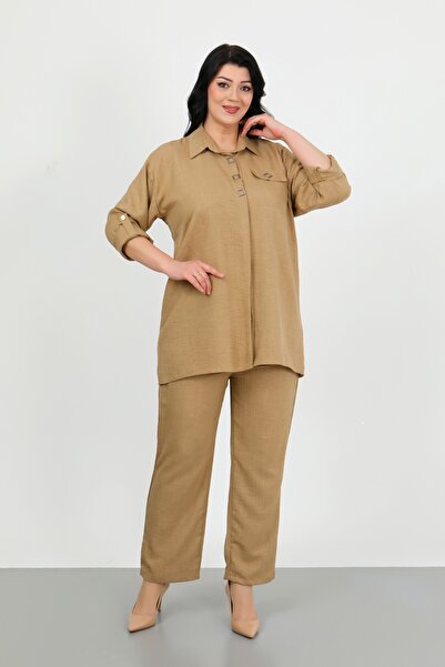 By Alba Collection Women's Mink Soft Linen Trousers Shirt Large Size Two Piece Set