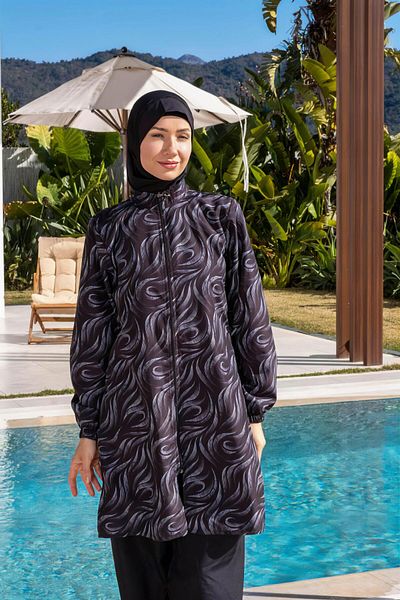 Mayom Quick Dry Parachute Fabric Patterned Hijab Swimsuit -2538