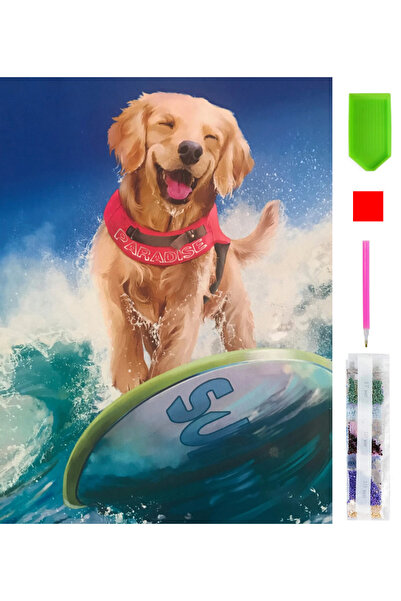 zola Diamond mosaic tapestry, cheerful surfer puppy, 15 x 20 cm