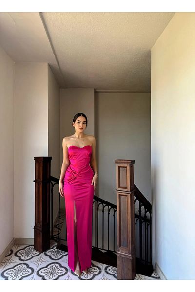 Mekafashion Rochie de seara Pamira din satin fara bretele - Detaliu cu nod in fata, fuchsia 582836