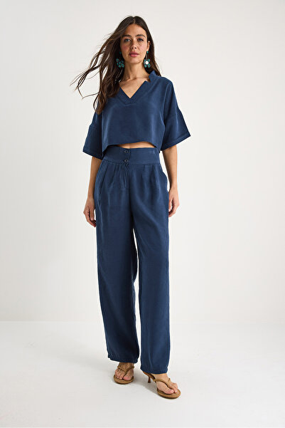 Bianco Lucci Bluză de damă cu decolteu în V cu pantaloni cu talie înaltă Costum modal de jos-sus 9330 60281052