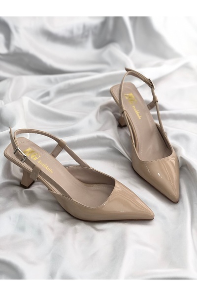 Hg Ayakkabı حذاء نانسي بيج جلد لامع بكعب 8 سم