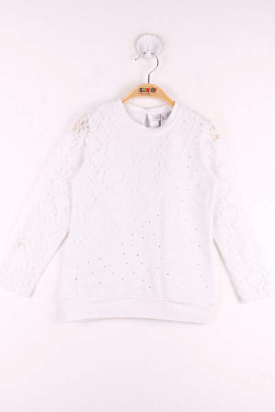 Toontoy Kız Çocuk Kolları Dantelli Taş İşlemeli Tişört