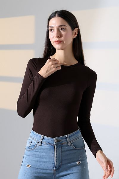Endies Crew Neck Long Sleeve Women's Tank Top T-Shirt with Six Panties and Snap Fastener 21941 Brown