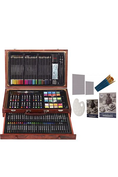 zola Set pictat si desen, gentuta depozitare din lemn, 2 blocuri de desen, 128 piese, 23.5 x 38 x 8 cm