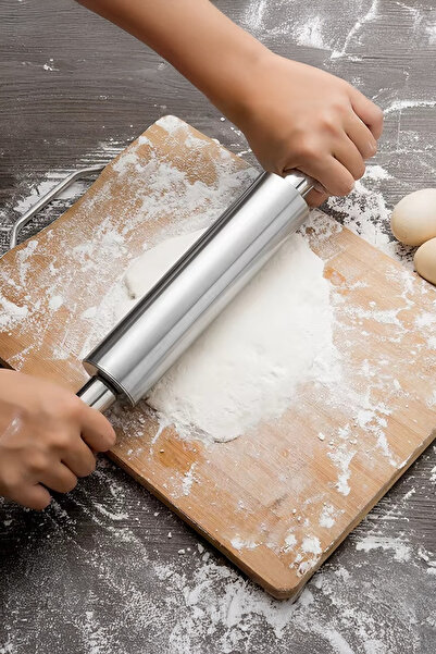 Vadi Paslanmaz Çelik Merdane - Ergonomik Döner Saplı Hamur Açma Rulosu Mutfak...