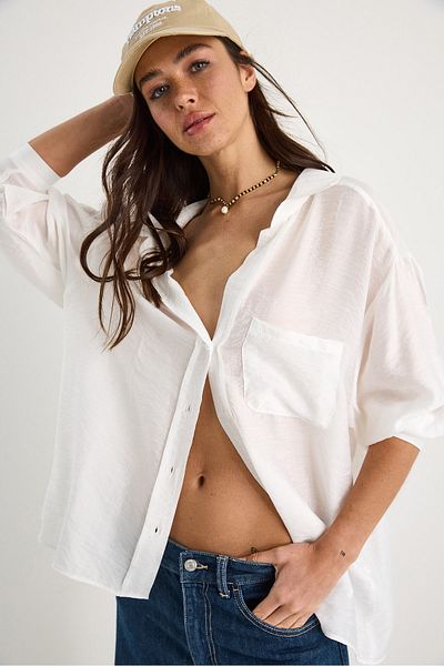 Bianco Lucci Cămașă supradimensionată din organza de bumbac, cu un singur buzunar, cu decolteu în V 34296-2 60283291