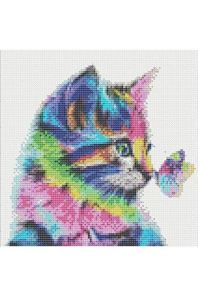 zola Diamond mosaic tapestry, multicolor cat and butterfly pattern, accessories included, 15 x 20 cm