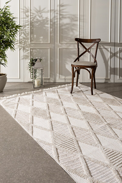 Viviana Home Rio Iskandinav Salon Halısı Mutfak Halısı Yolluk Bukle Toz Vermez Dokuma Halı Açık Bej Somon Rio-02