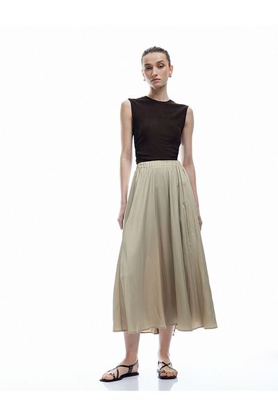Koton Flared Pleated Satin Bell Skirt with Elastic Waist Detail