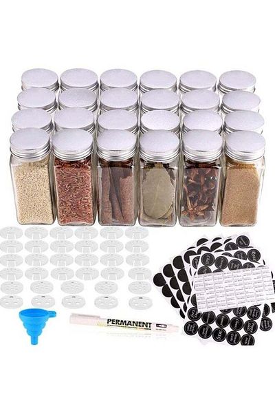 COOYA 24 Glass Spice Jars with 3 Types of Labels-4oz Empty Square Spice Containers