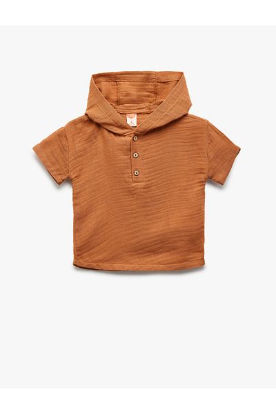Koton Short Sleeve Cotton Muslin Fabric Hooded Shirt