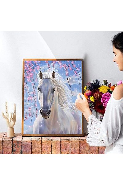 zola Set pictura pe numere copii si adulti, cal alb sub flori de cires, panza 40x50 cm, accesorii incluse