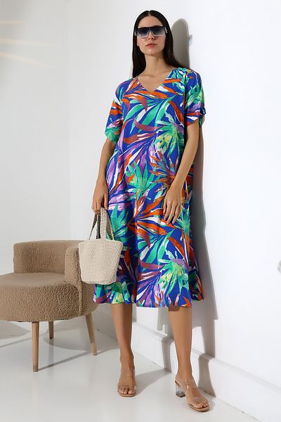 LİKAPA Likapa Summer Large Size Viscose V-Neck Short Sleeve Dress 2688