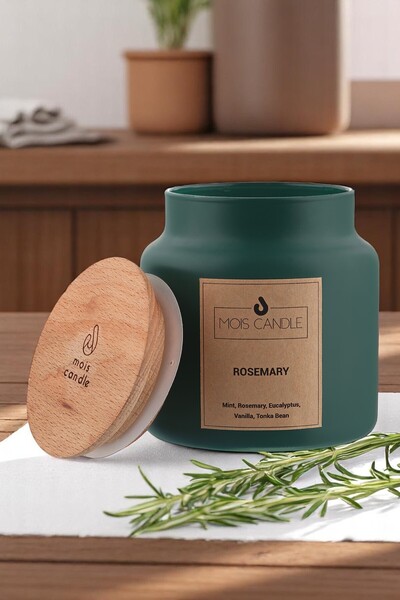 Mois Candle Rosemary Kavanoz Mum - Biberiye Mum Mat Yeşil Ahşap Kapaklı - 700 gr