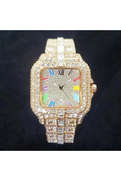 Zigver Luxury Diamond Rhinestone Rainbow Dial Calendar Quartz Watch Fashion Hip Hop Iced Out Wristwatch