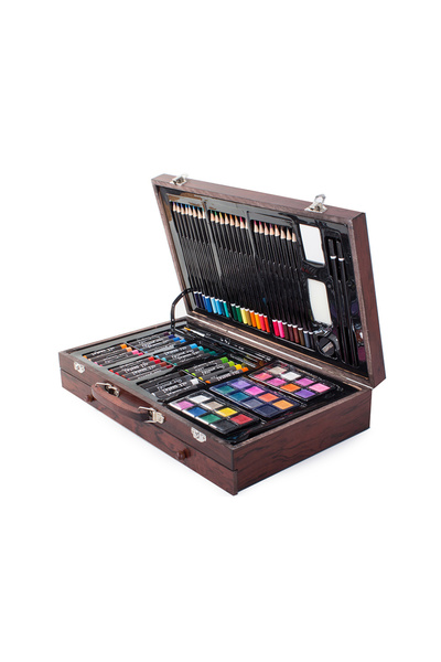 zola Σετ ζωγραφικής και σχεδίου 143 τεμαχίων, ξύλινη τσάντα με λαβή, καφέ, 23x34x9 εκ.