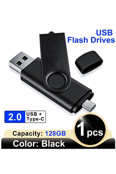 amzwn محرك أقراص فلاش USB محمول OTG أسود سعة 128 جيجابايت بمنفذ USB 2.0 سعة 128 جيجابايت من النوع C