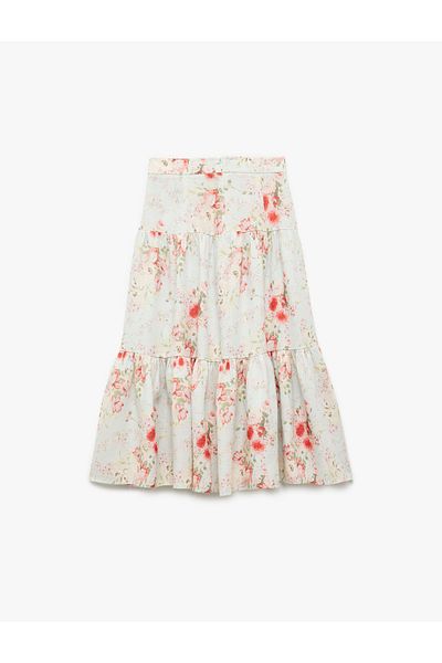 Koton Viscose and Linen Blended High Waisted Floral Midi Skirt