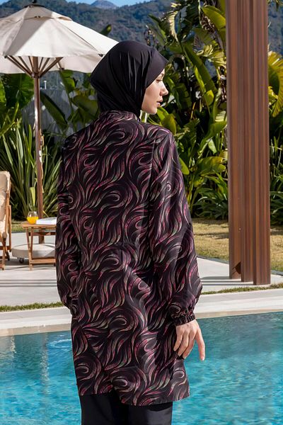 Mayom Quick Dry Parachute Fabric Patterned Hijab Swimsuit - 2539