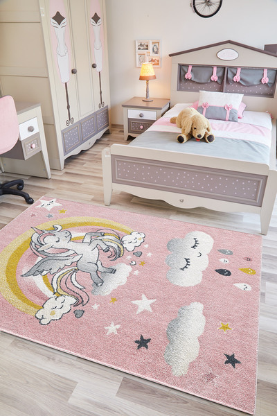Viviana Home Kids Unicorn Desenli Açık Pembe  Beyaz Çocuk Odası Halısı Antial...