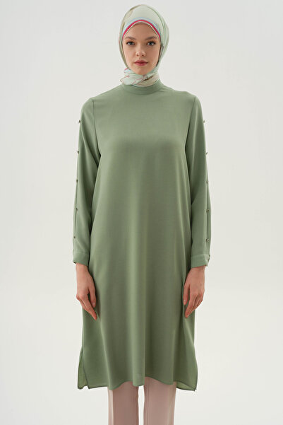 Tuğba Kollar Plikaşe Düğme Detaylı Tunik - Su Yeşili