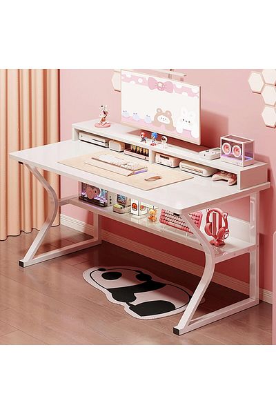 VINNYSEN Gaming Desk with Shelf, Computer Desk, C-Shaped Gaming Table, PC Workstation Home Office Desks