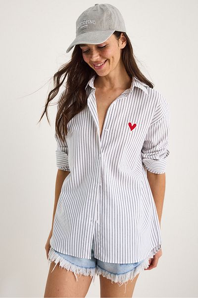 Bianco Lucci Women's Embroidery Heart Embroidered Striped Shirt 60221016