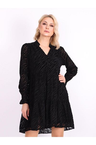 ŞİNDO GİYİM Zebra Pattern Black Chiffon V Neck Button Women Dress