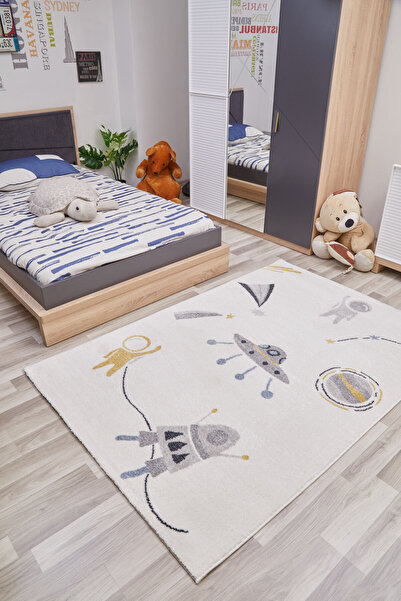 Viviana Home Kids Uzay Desenli   Beyaz  Açık Gri Çocuk Odası Halısı Yumuşak A...