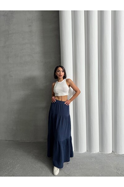 BEJNA Fusta de damă, albastru bleumarin, din bumbac, lungime maxi, din muselină