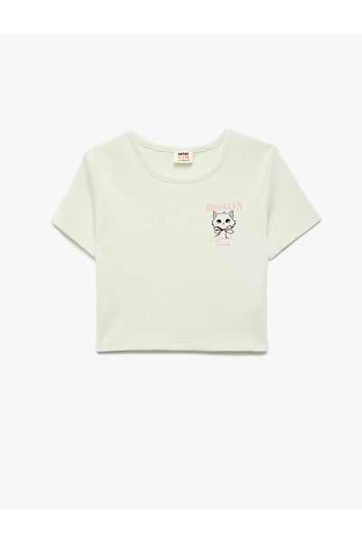 Koton Cat Printed Short Sleeve Crew Neck Cotton Crop T-Shirt