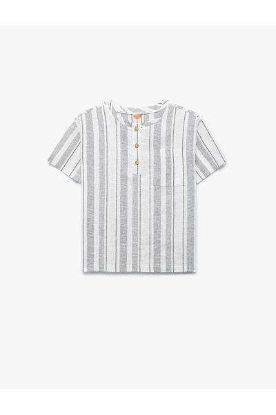 Koton Linen and Viscose Blended Short Sleeve Crew Neck Striped Shirt