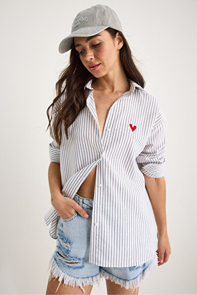 Bianco Lucci Women's Embroidery Heart Embroidered Striped Shirt 60221016