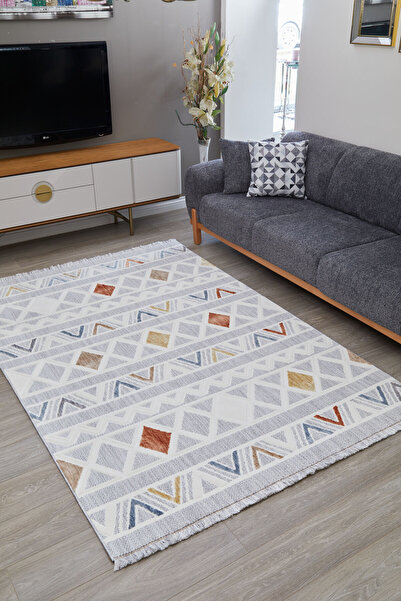 Viviana Home Broadway Iskandinav Salon Halısı Mutfak Halısı Yolluk Bukle Dokuma Halı Geometrik Beyaz Mavi Dekor