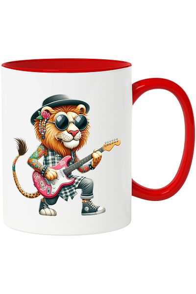StoryGift Romania Cadou cu un leu tatuat care canta la chitara | rocker | metal | palarie | ochela, Cu Maner Rosu
