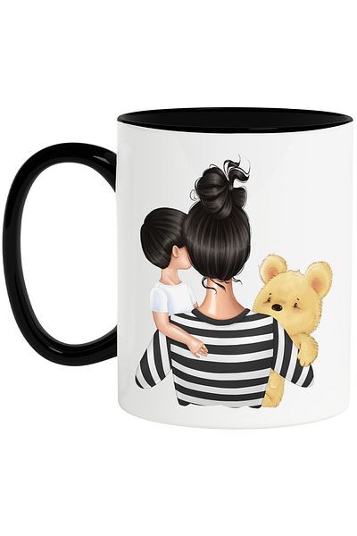 StoryGift Romania Mug with a mother holding her little boy, teddy bear, illustration, love, With ,STG