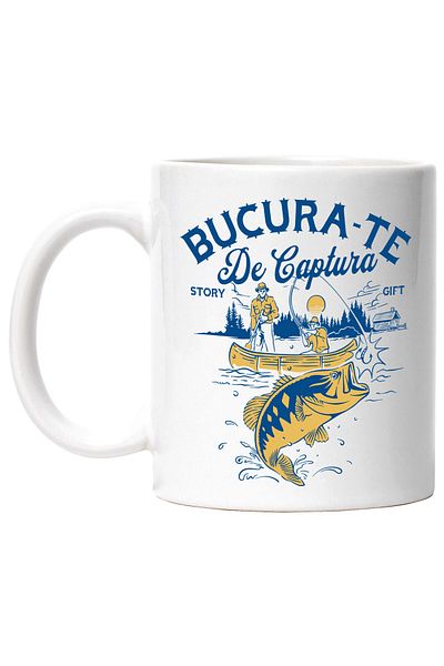 StoryGift Romania Cana cu Silueta barbati In Barca Pescuit Undita Peste Hobby Text Bucura-te De Ca, Cu Maner Alb