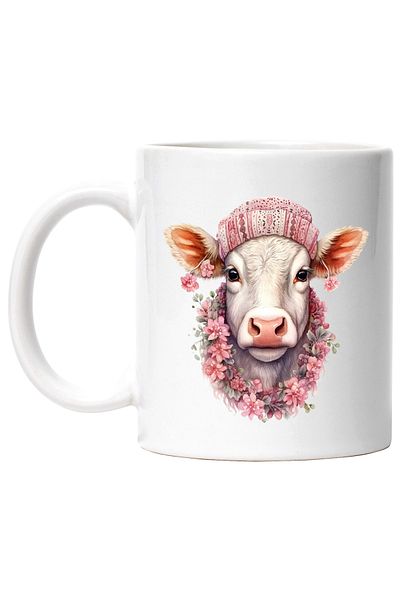 StoryGift Romania Cana cu o vacuta cu caciula | ilustratie | lantisor din floricele | natura | fer, Cu Maner Alb
